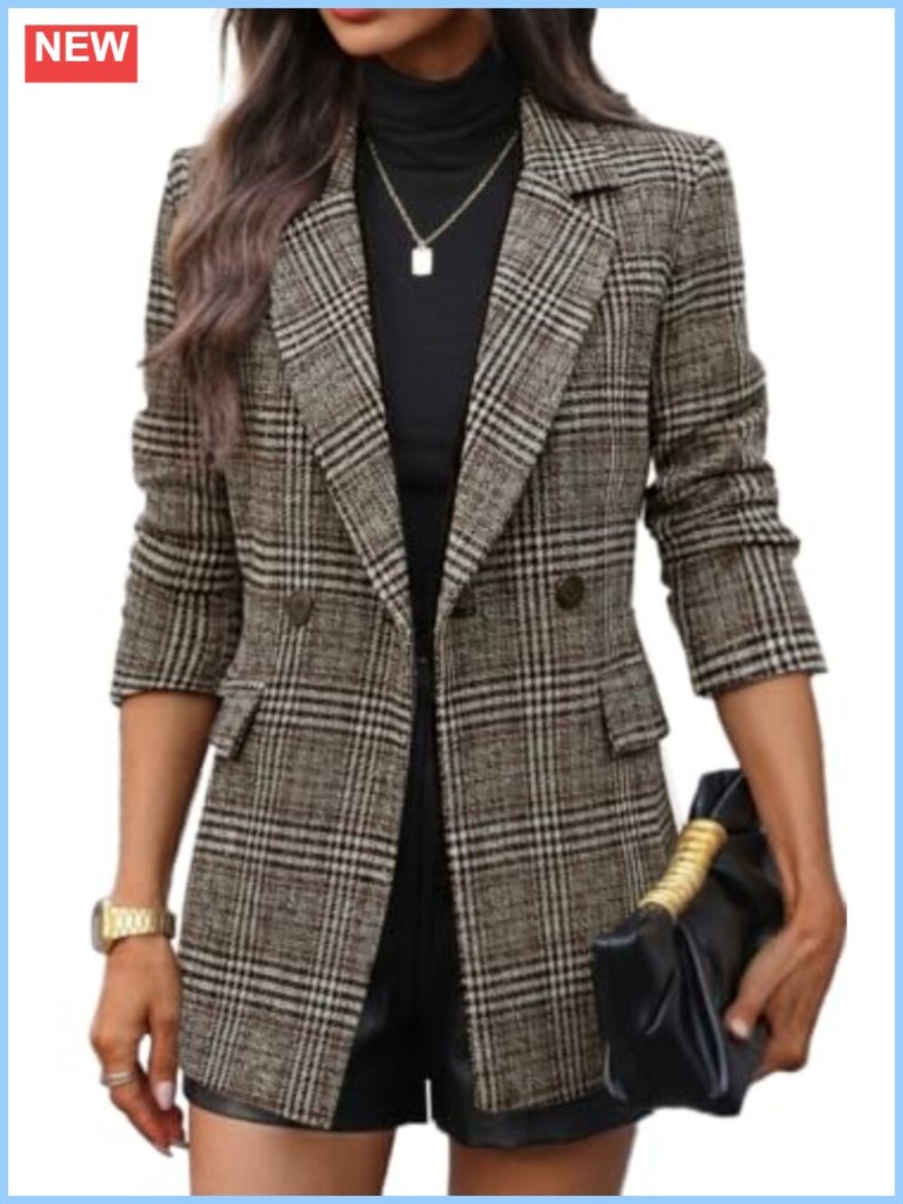 Women's Longline Double-Breasted Plaid Tweed Blazer Suit Jacket